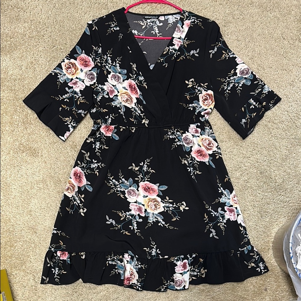 SHEIN Black Dress with Pink and White Floral Design Large